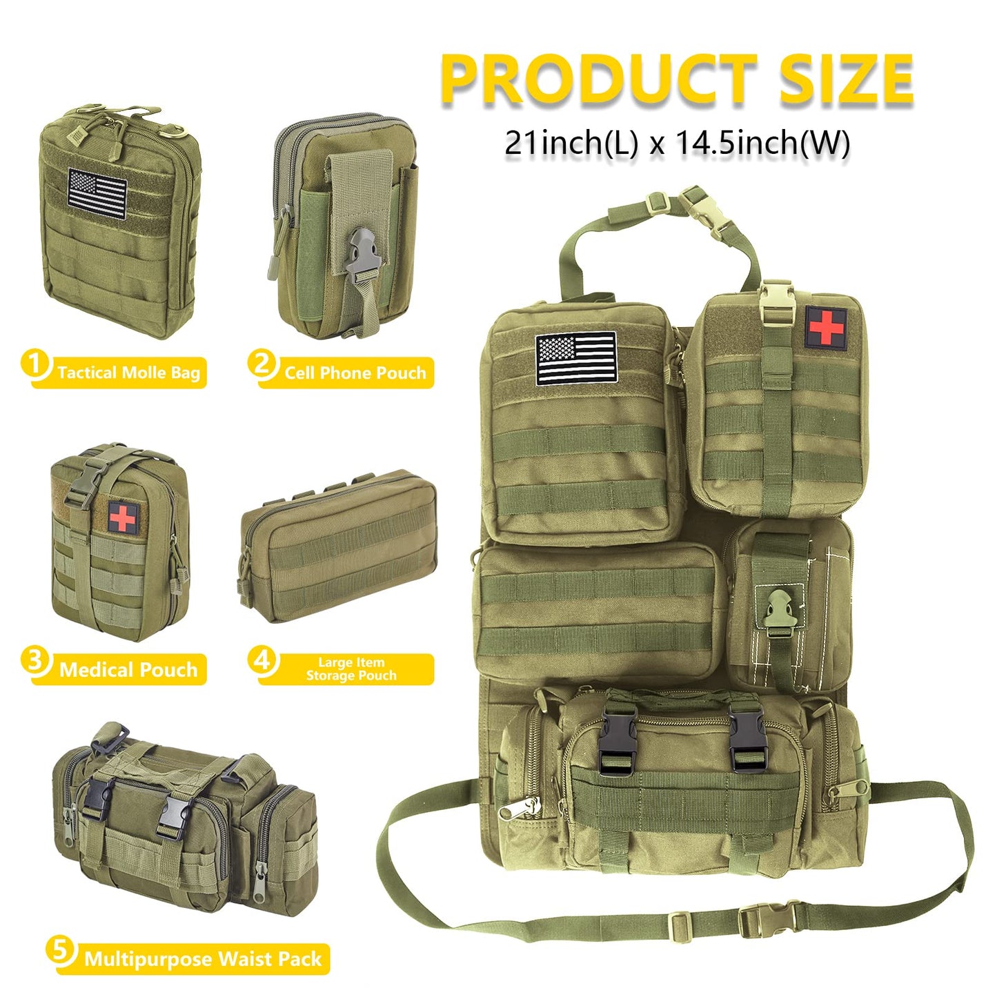 Tactical Car Seat Back Organizer with 5 Detachable Pouches