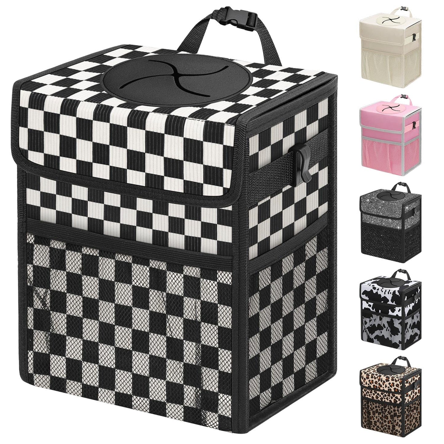 Leakproof Hanging Car Trash Can with Lid & Storage Pockets