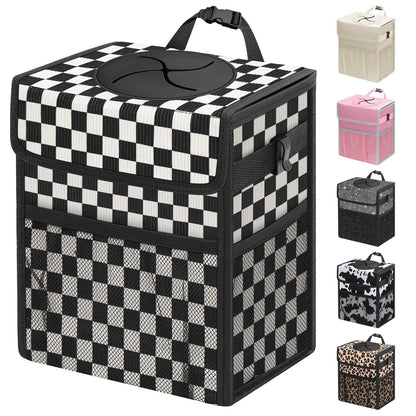 Leakproof Hanging Car Trash Can with Lid & Storage Pockets