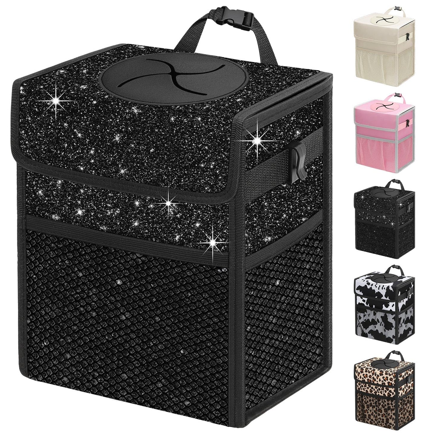 Leakproof Hanging Car Trash Can with Lid & Storage Pockets