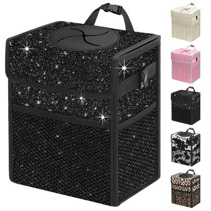 Leakproof Hanging Car Trash Can with Lid & Storage Pockets