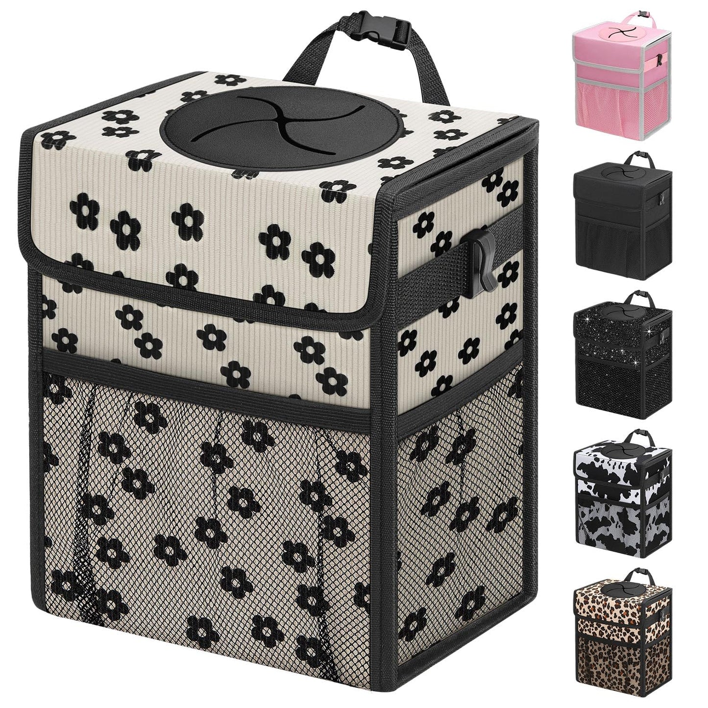 Leakproof Hanging Car Trash Can with Lid & Storage Pockets
