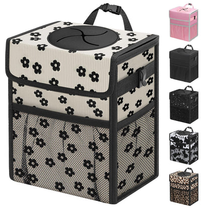 Leakproof Hanging Car Trash Can with Lid & Storage Pockets