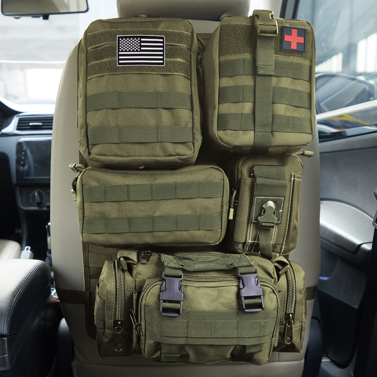 Tactical Car Seat Back Organizer with 5 Detachable Pouches