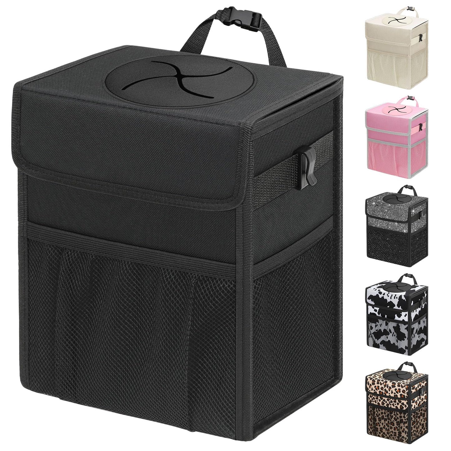 Leakproof Hanging Car Trash Can with Lid & Storage Pockets