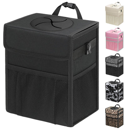Leakproof Hanging Car Trash Can with Lid & Storage Pockets