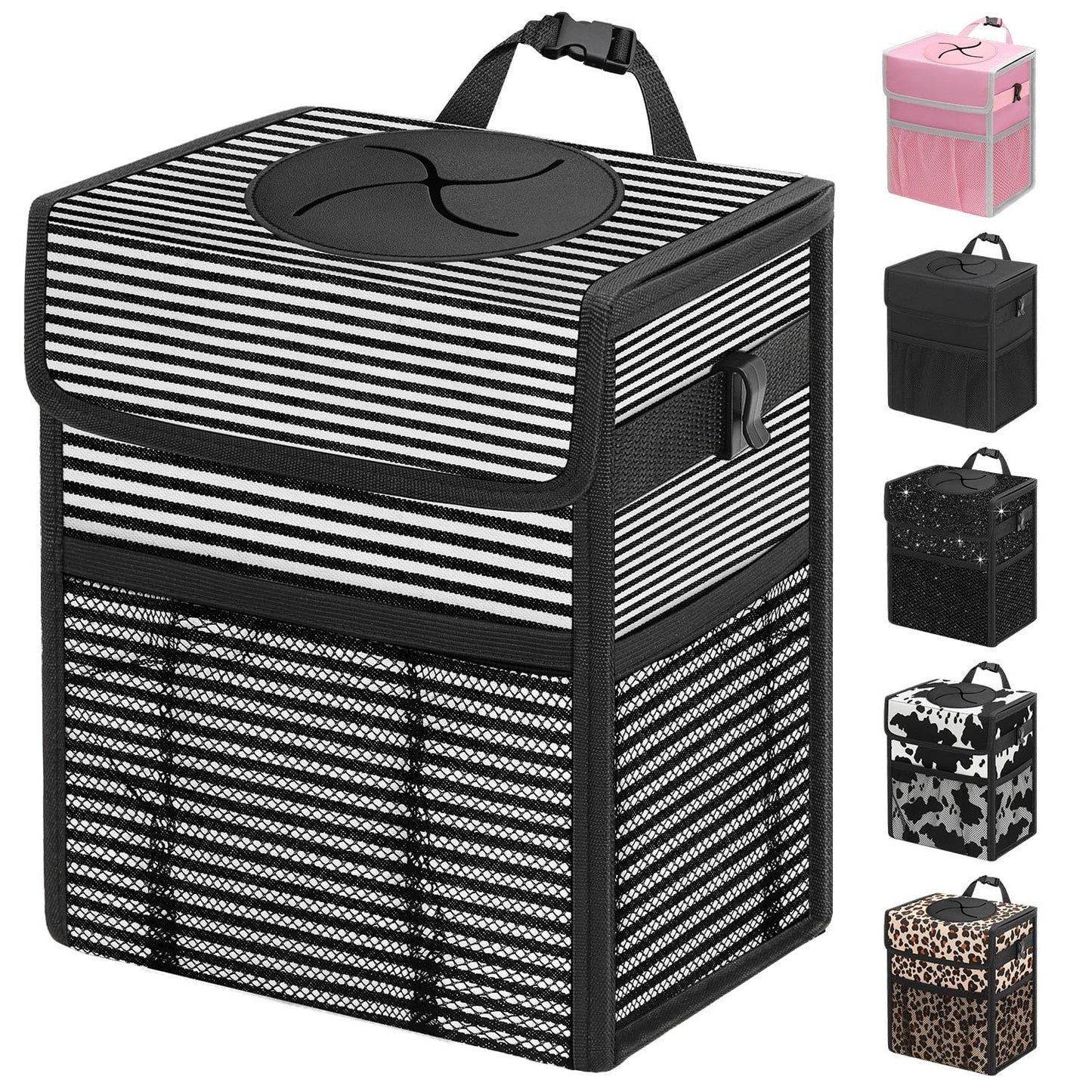Leakproof Hanging Car Trash Can with Lid & Storage Pockets