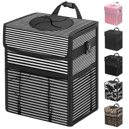 Leakproof Hanging Car Trash Can with Lid & Storage Pockets