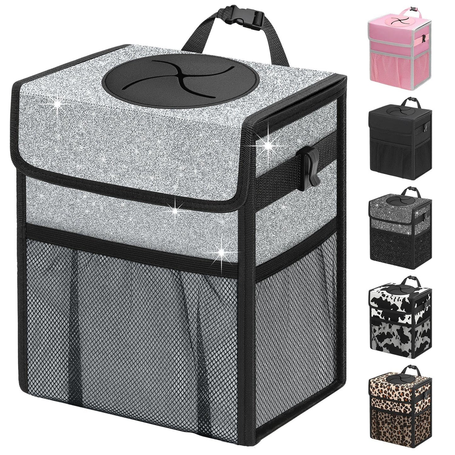 Leakproof Hanging Car Trash Can with Lid & Storage Pockets