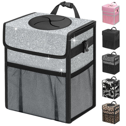 Leakproof Hanging Car Trash Can with Lid & Storage Pockets